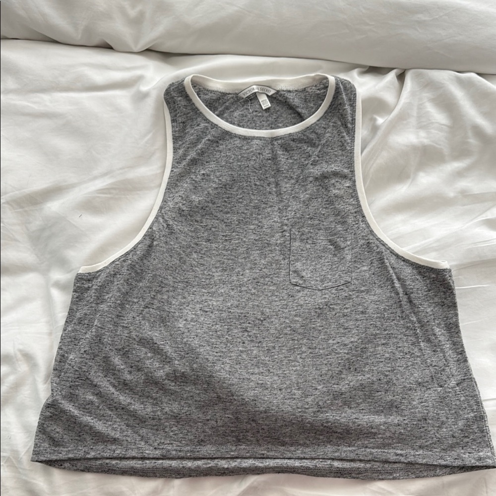 Victoria’s Secret Gray Cropped Sleeveless Tank Top with White Trim